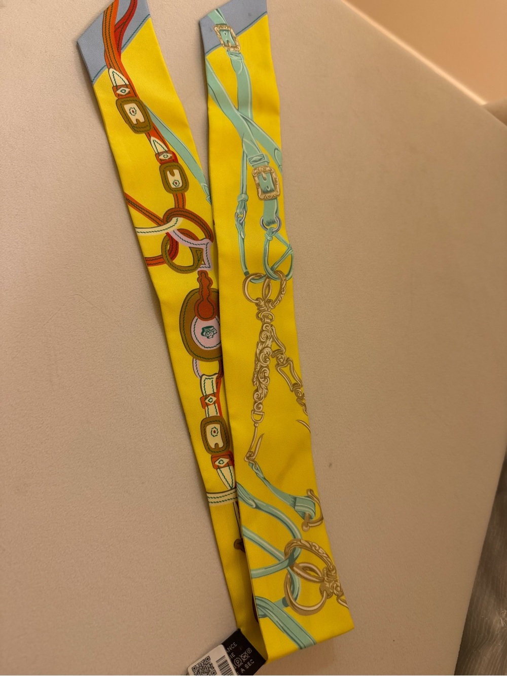 Hermès Yellow Silk Twilly with Aqua Bridle Motif